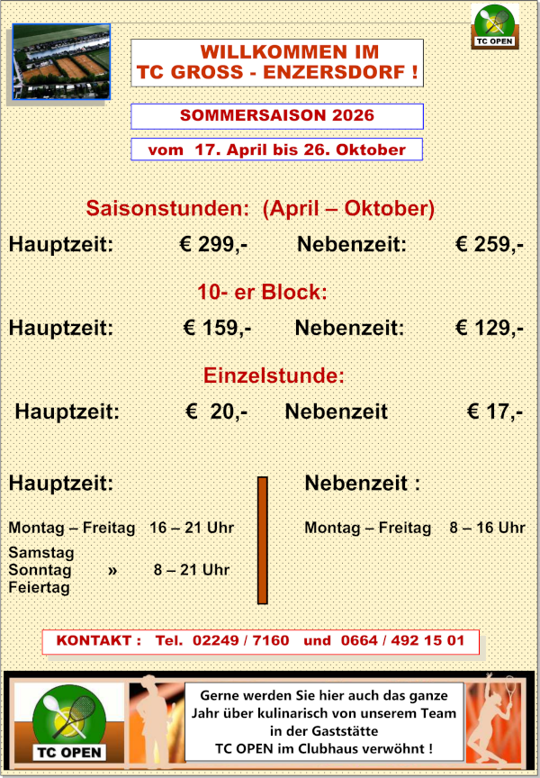 Preisliste Sommer 2026